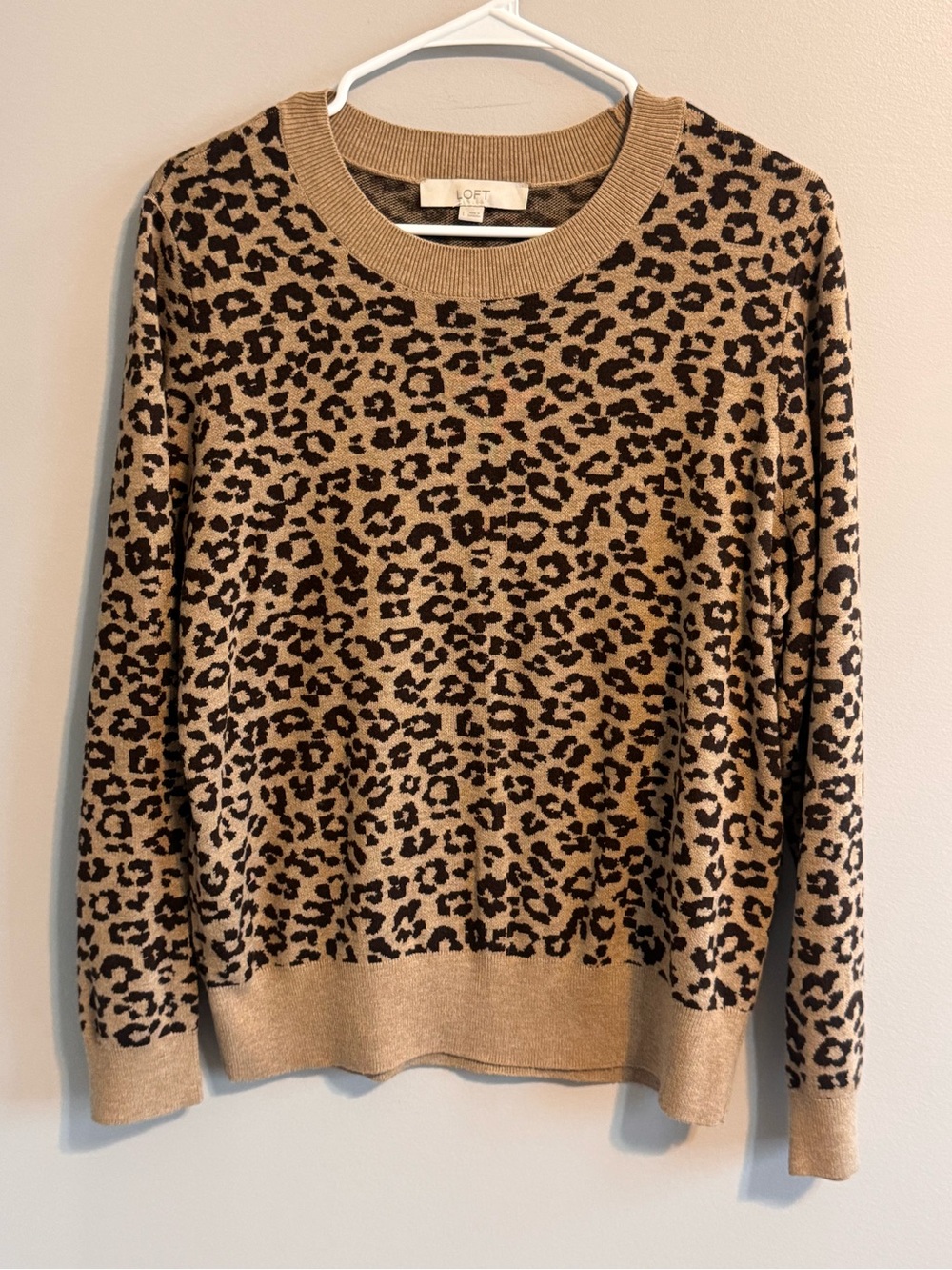 LOFT Leopard Print Crewneck Sweater Women's Large Tan Brown